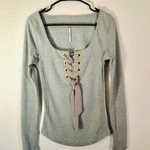 Free People NWOT Looking Back Gray Lace Up top - Picture 6 of 8